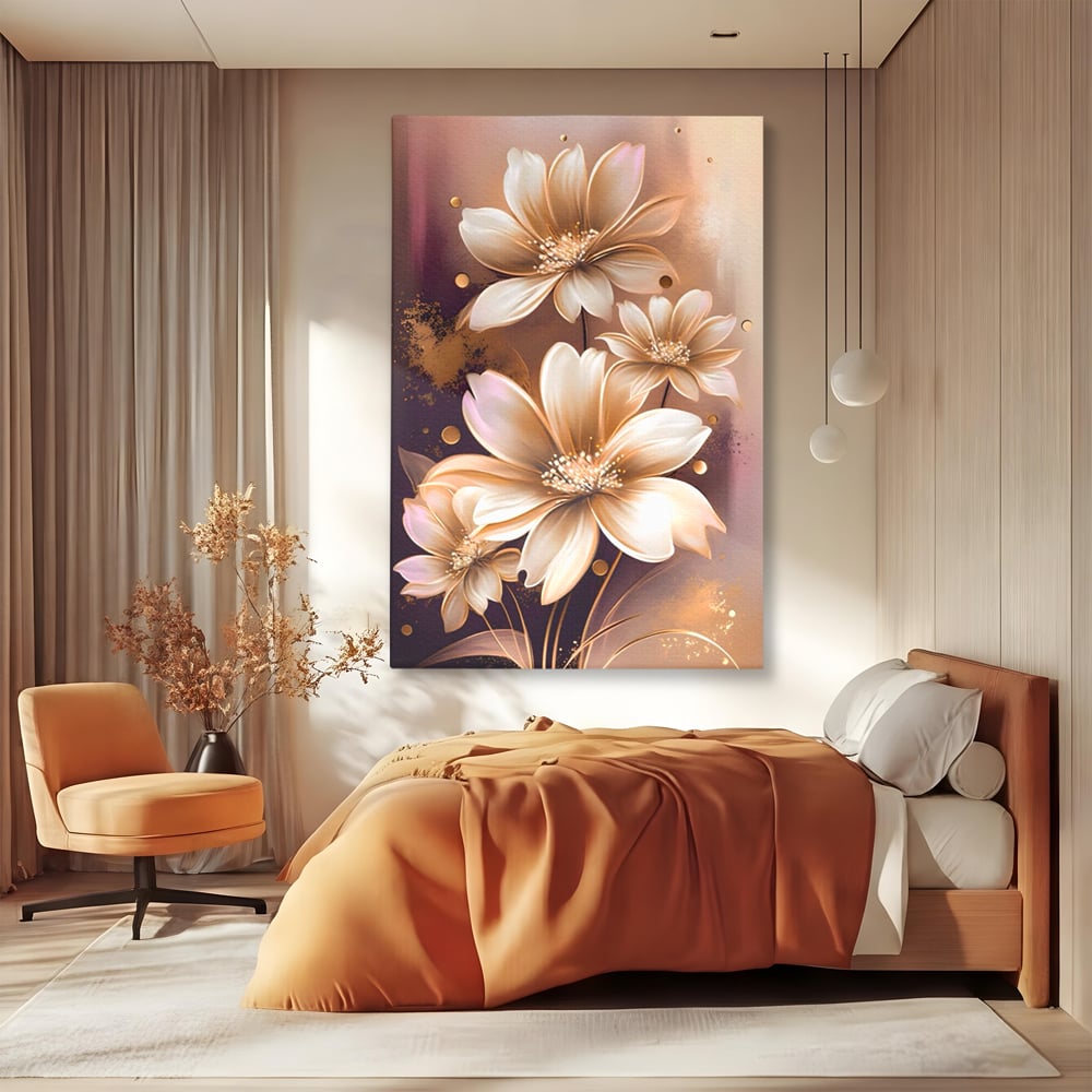 Tablou canvas cu tablou canvas cu flori aurii pe fond maro, fara rama, pe sasiu de lemn, pe perete intr-un dormitor